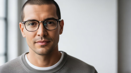 Young hispanic male with glasses: confident expression in casual gray sweater near window.の素材