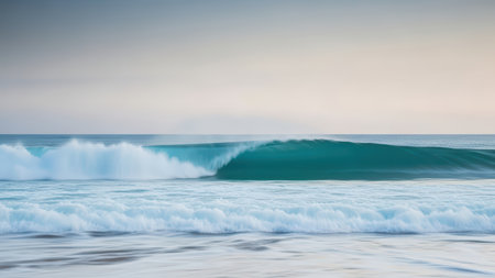 Tranquil ocean wave at sunrise with gentle light and soft colors.の素材