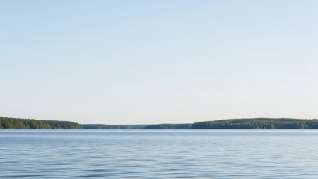 Serene lake landscape with clear sky and forested horizon.の素材