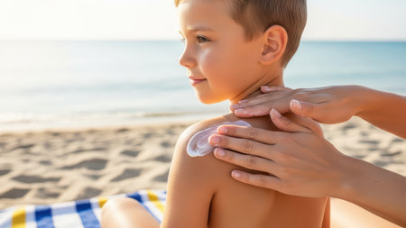 Caucasian child applying sunscreen on beach with sea in background.の素材