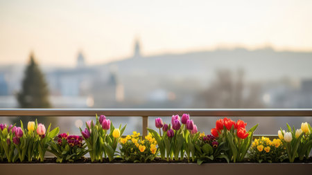 Colorful tulips in bloom on scenic balcony during sunset.の素材