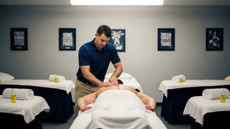 Male therapist giving massage in spa room to young caucasian male.の素材