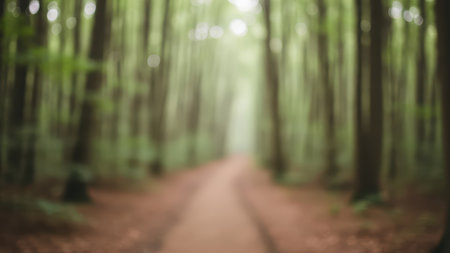 Blurred forest pathway with lush greenery and tall trees.の素材
