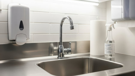 Stainless steel sink in modern kitchen with soap dispenser and cleaning supplies.の素材