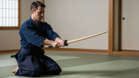 Caucasian male practicing kendo sword technique in dojo.の素材