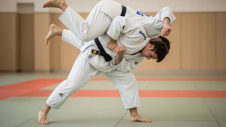 Caucasian male adults practicing judo throw in martial arts dojo.の素材