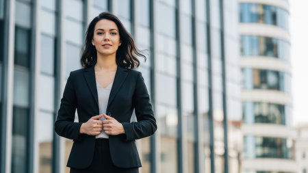 Confident young caucasian female business professional in urban setting.の素材