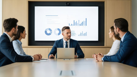 Business meeting with diverse professionals analyzing data and charts on screen.の素材