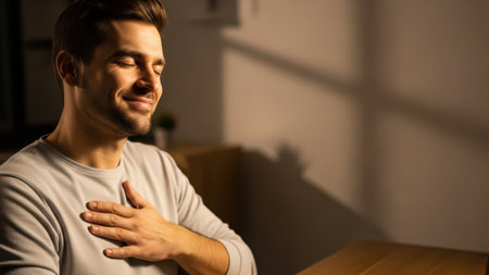 Young caucasian male smiling with hand on heart in warm lighting.の素材