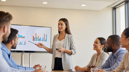 Young hispanic female leading business presentation to diverse adult team in modern office.の素材