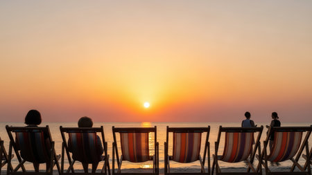 Silhouettes of people relaxing on beach chairs at sunset.の素材