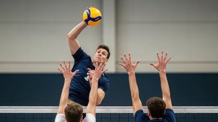 Young caucasian male playing volleyball indoors with two opponents blocking.の素材