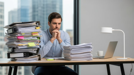 Man concentrating on office work with tall stack of documents near window.の素材