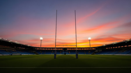 Sunset over empty rugby stadium with illuminated goalposts and vibrant sky.の素材
