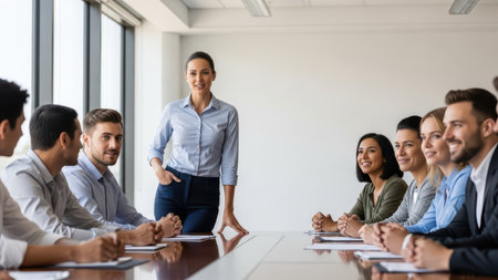 Confident caucasian female leading business meeting with diverse team.の素材