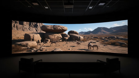 Panoramic desert landscape with wildlife displayed on wide screen.の素材