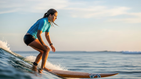 Young caucasian female surfing at sunset with blue shirt and short black pants.の素材