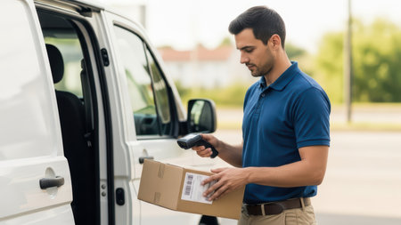 Caucasian male delivery worker scanning package by van.の素材