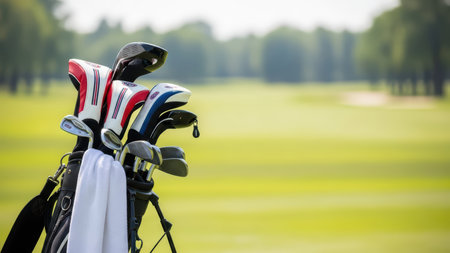 Golf bag with clubs and towel on sunny course.の素材