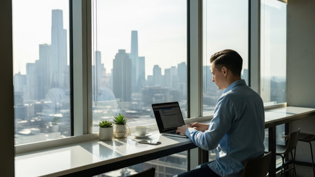 Young caucasian male working on laptop in modern office with city view.の素材