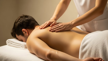 Young caucasian male receiving relaxing therapeutic back massage in spa setting.の素材