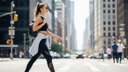 Young caucasian female walking in urban city street wearing sportswear.の素材