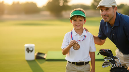 Young caucasian boy wins golf medal with proud adult male mentor on golf course.の素材