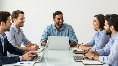 Diverse team collaboration: mixed gender and race group meeting in modern office.の素材