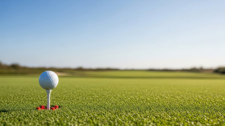 Golf ball on tee in open green field under clear blue sky.の素材