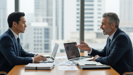 Asian and caucasian businessmen discussing data in modern office.の素材