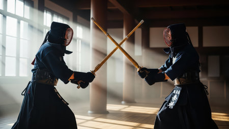 Two adults practicing kendo in traditional dojo with sunlight streaming.の素材