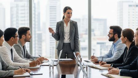 Businesswoman leading diverse team meeting in modern office boardroom.の素材