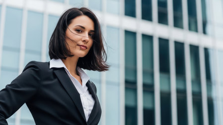 Confident young caucasian female professional in business attire standing outdoors.の素材