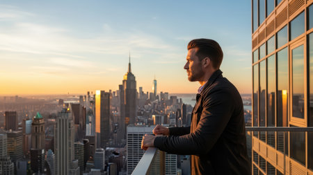 Caucasian young male admiring new york city skyline at sunset from rooftop balcony.の素材