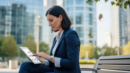 Young caucasian female analyzing graphs on tablet in urban park setting.の素材