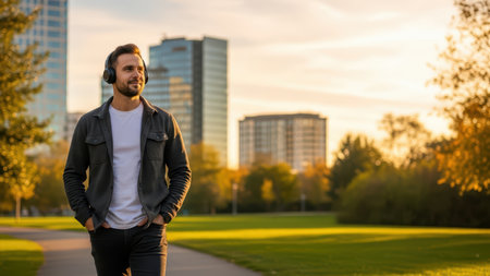 Young caucasian male enjoying music in urban park at sunset.の素材