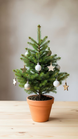 Potted mini christmas tree with ornaments on wooden table.の素材