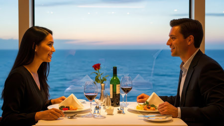Romantic dinner by the ocean with young asian female and caucasian male at sunset.の素材