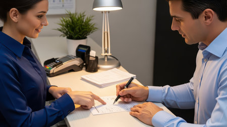 Caucasian female banker assisting caucasian male client in office setting.の素材