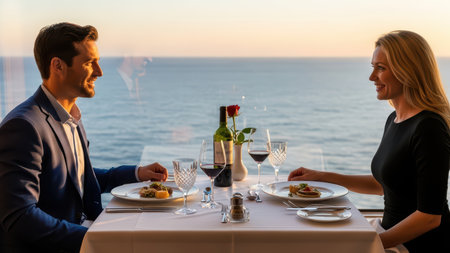 Romantic dinner: caucasian male and female adults enjoy oceanfront meal at sunset.の素材