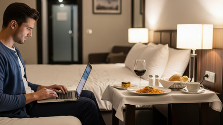 Young caucasian male working on laptop in hotel room with dinner setup on table.の素材