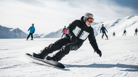 Elderly caucasian male snowboarding on sunny mountain with group of skiers.の素材