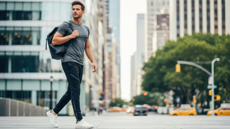 Casual young caucasian male strolling through urban cityscape with backpack.の素材