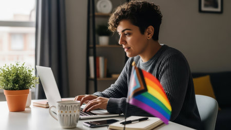 Young hispanic female working on laptop at desk with pride flag and plant.の素材