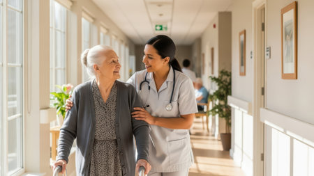 Elderly caucasian woman with walker assisted by hispanic female nurse in bright hallway.の素材