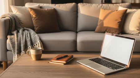 Cozy living room setup with laptop, notebook, and cup on wooden coffee table.の素材