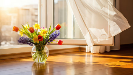 Vibrant spring bouquet in sunlit room with open window and flowing curtain.の素材