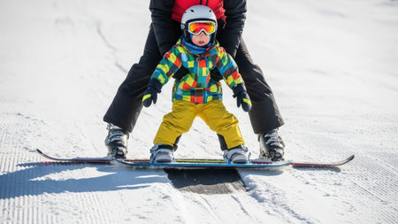 Young child learning to ski with adult on snowy slope.の素材
