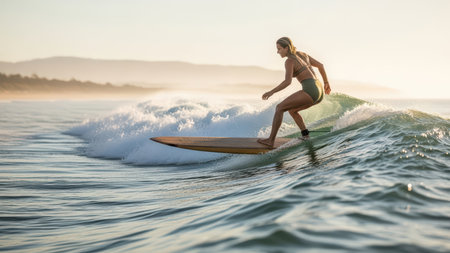 Young caucasian female surfing ocean waves at sunset.の素材