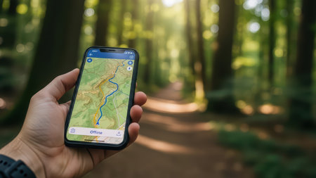 Hand holding smartphone with offline hiking map in forest trail setting.の素材